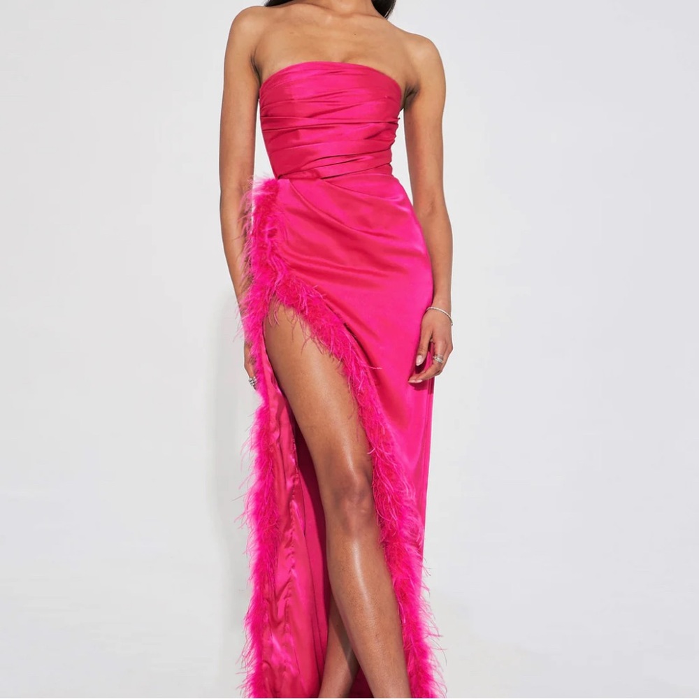 Stunning Pink Strapless Gown with Feather Detail